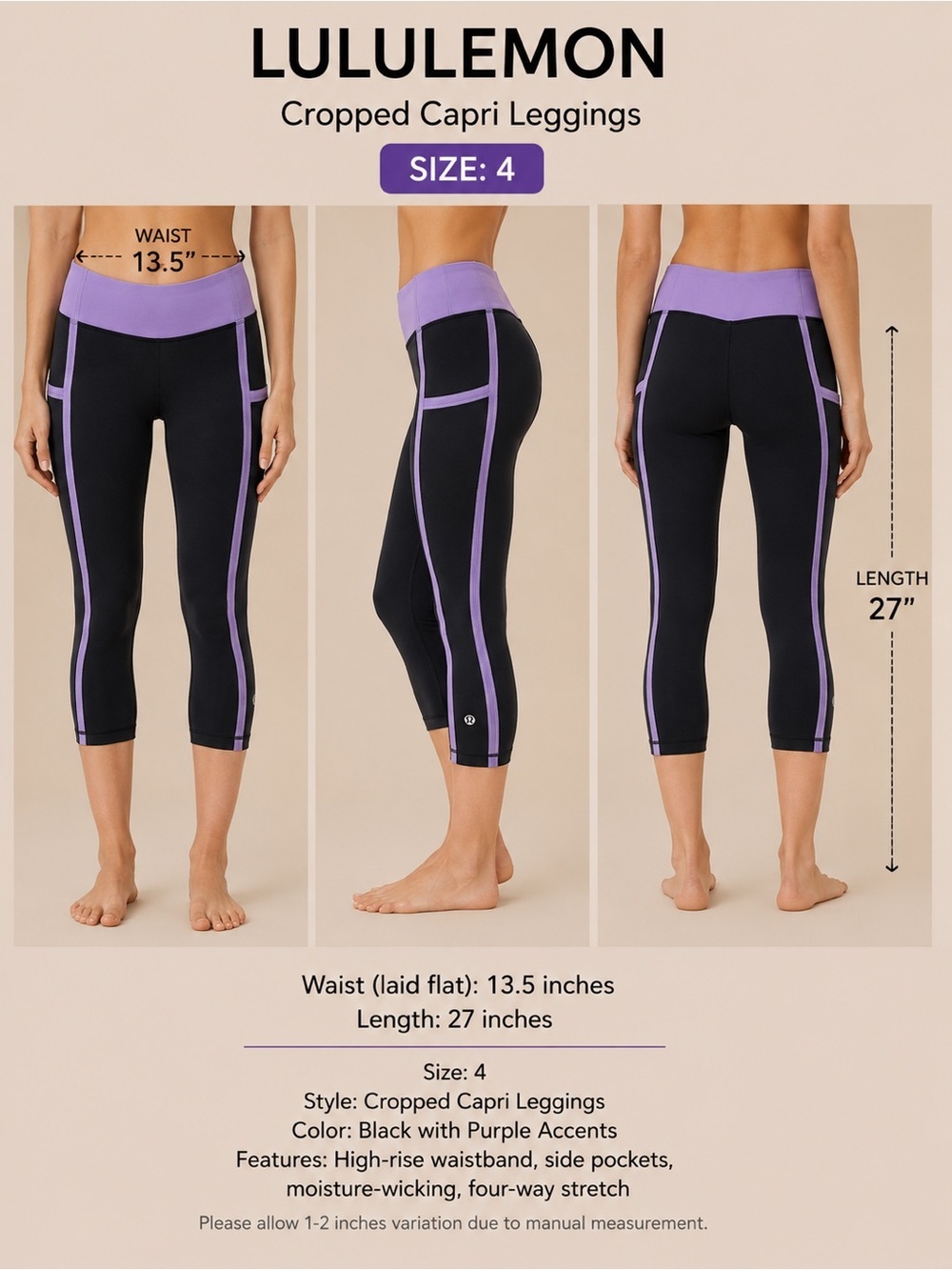 lululemon Black Cropped Capri Leggings with Purple Accents